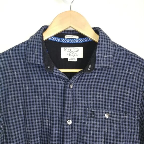 Men PENGUIN Check Gingham Blue Lined Preppy Heritage Slim Fit Shirt Size Medium - Picture 3 of 14